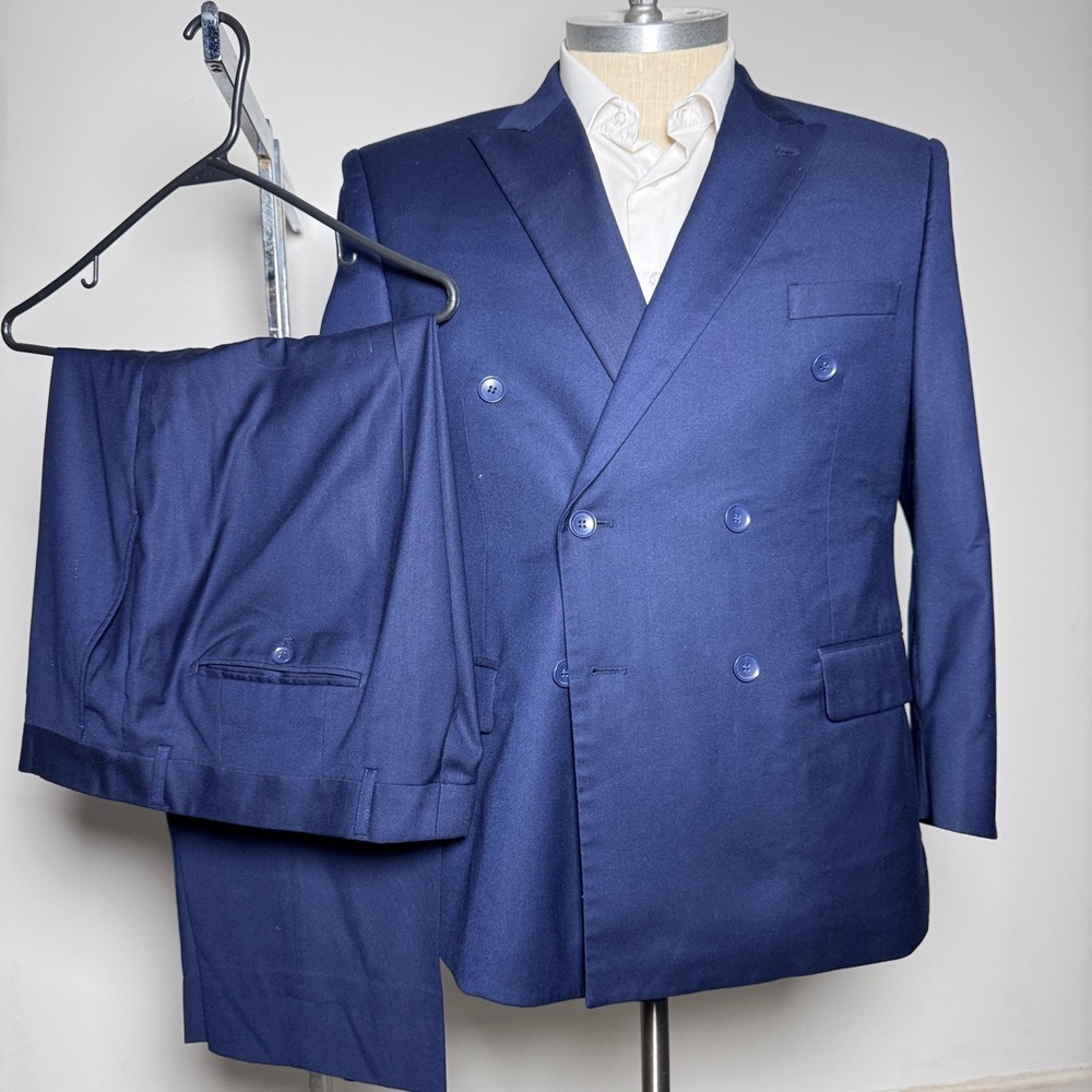 Lineage Double Breasted Suit Mens 46S 40x28 Navy Blue Solid Side Vent Stretch